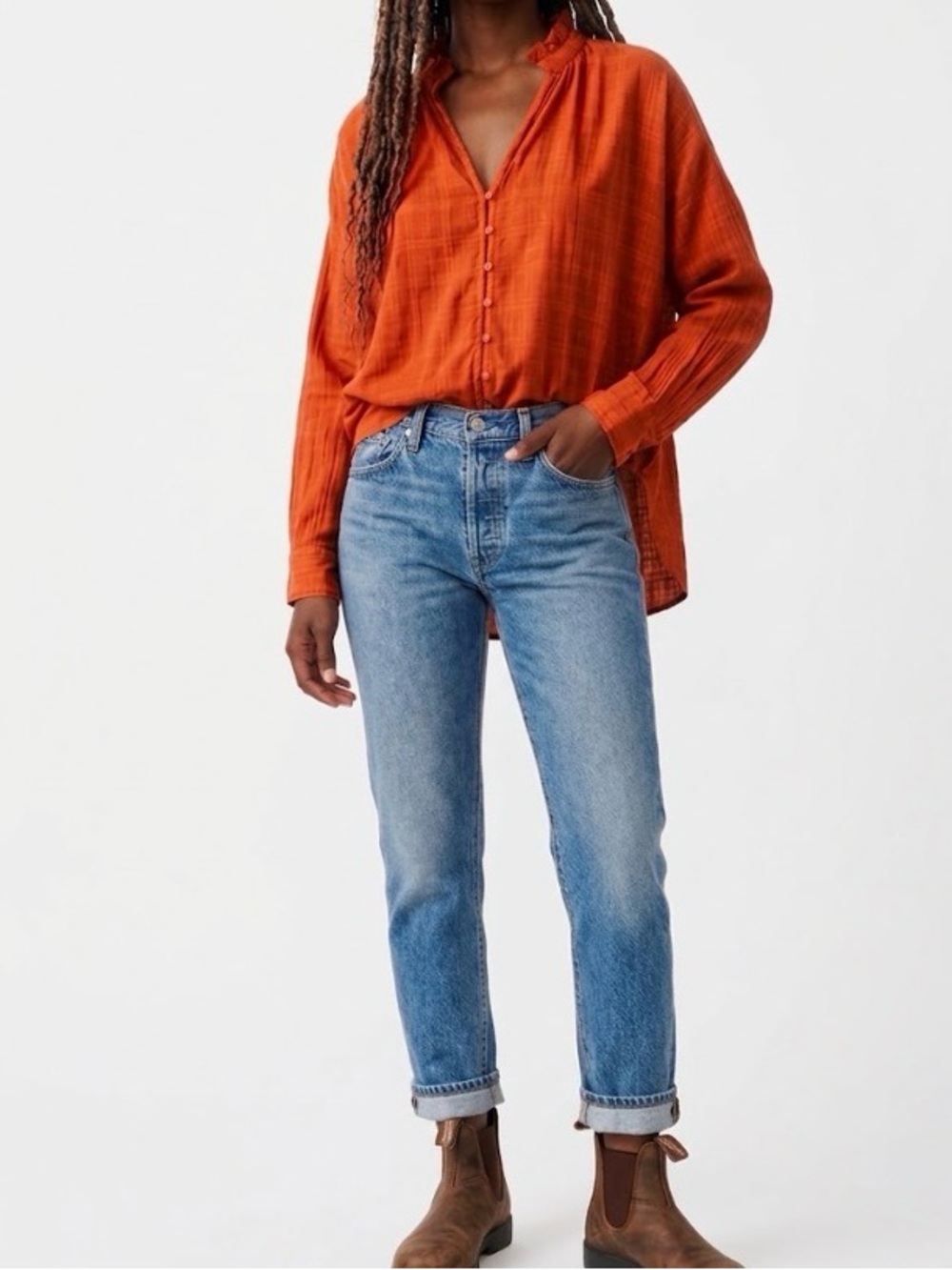 Anthro Pilcro Tavi Oversized Textured 100% Cotton Blouse Small Coral Red Top EUC
